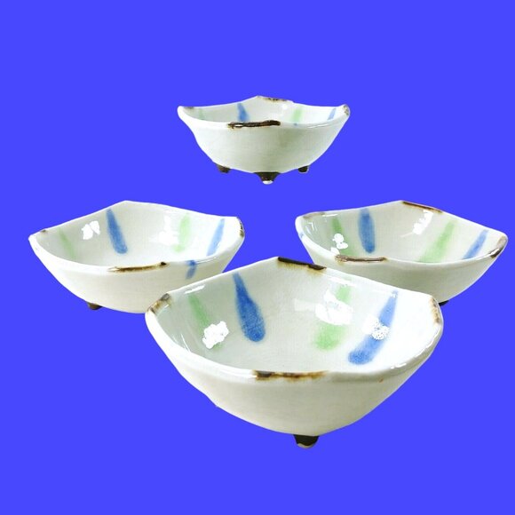 Footed Bowls Dipping Candy Nut Serving Gold Corner Accents Ceramic Set of 4 - Picture 4 of 6